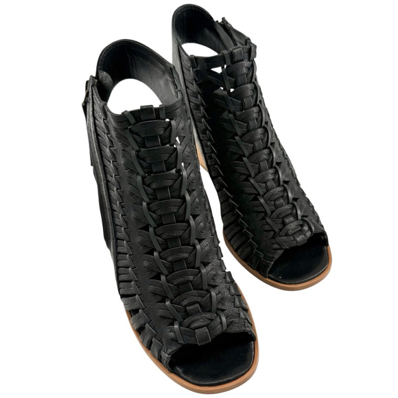 Paul Green Black Leather Woven Peep Toe Slingback Heels Size US 7.5 and EU 5 - Picture 2 of 11